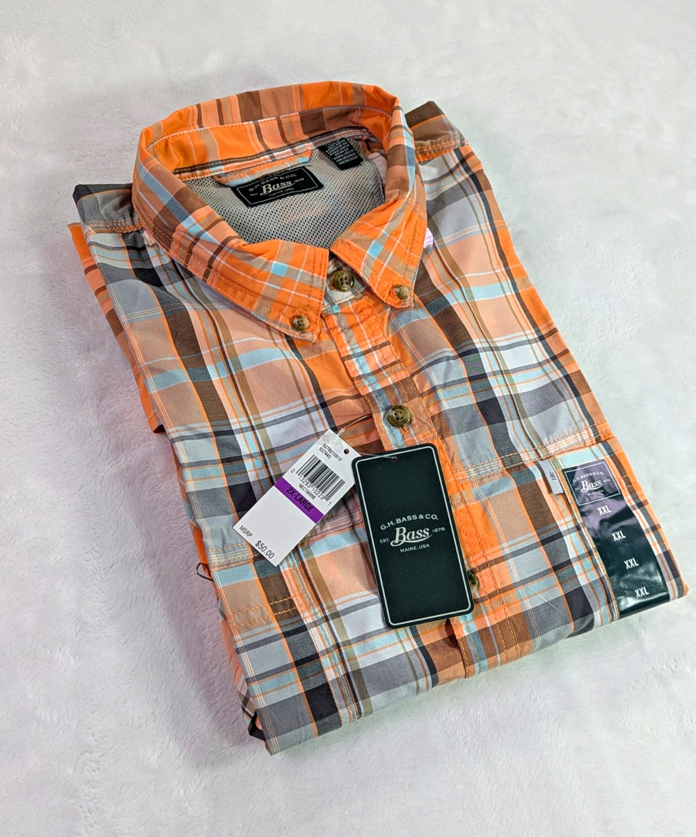 G.H. Bass & Co Plaid Button Down Shirt Mens 2XL Orange Gray NWT Short Sleeve